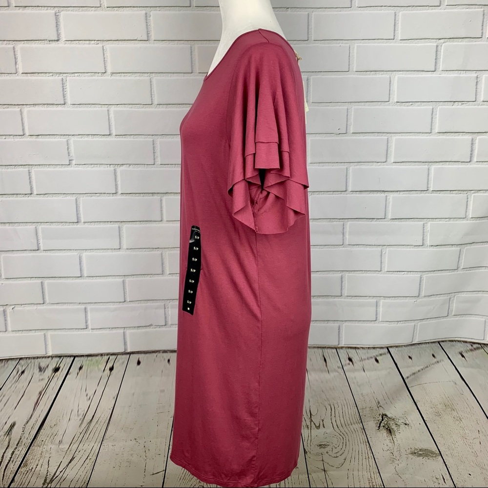 LUCKY BRAND Ruffled Sleeve T-Shirt Dress Wine S/P - Picture 5 of 6